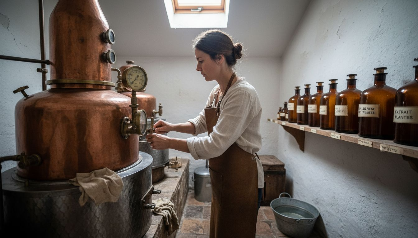 Une femme ajuste avec précision la température de son alambic artisanal.