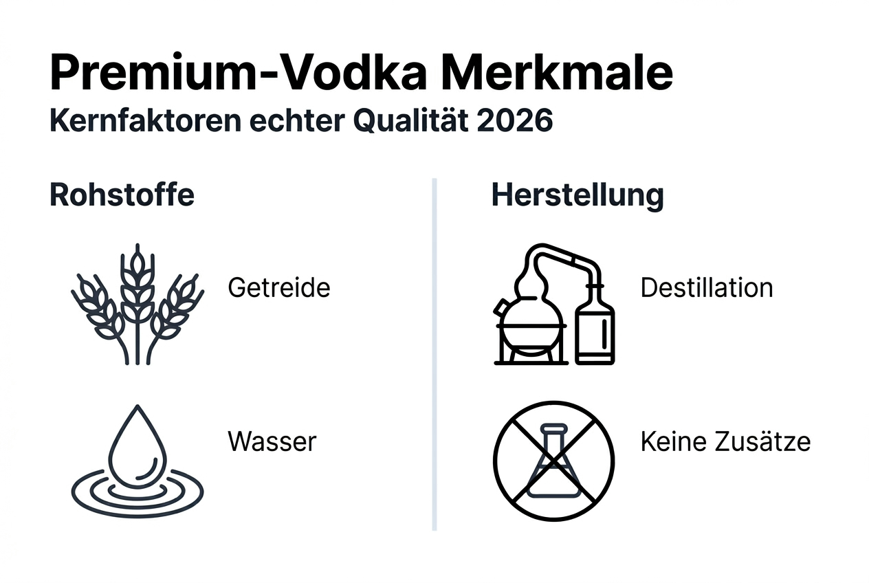 In sopher Infografik werden die entscheidenden Qualitätskriterien für Premium-Wodka anschaulich dargestellt.