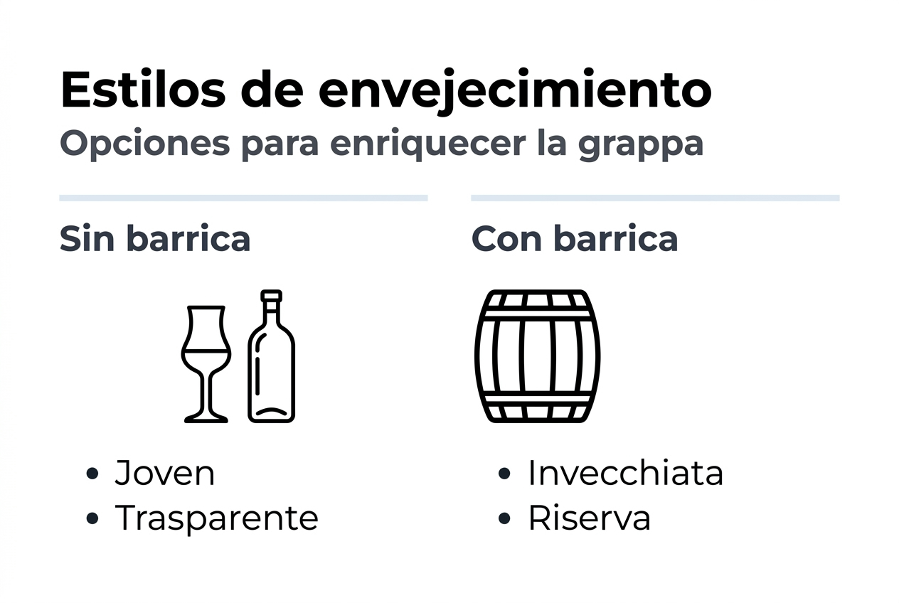 Infografía sobre los diferentes tipos de envejecimiento de la grappa