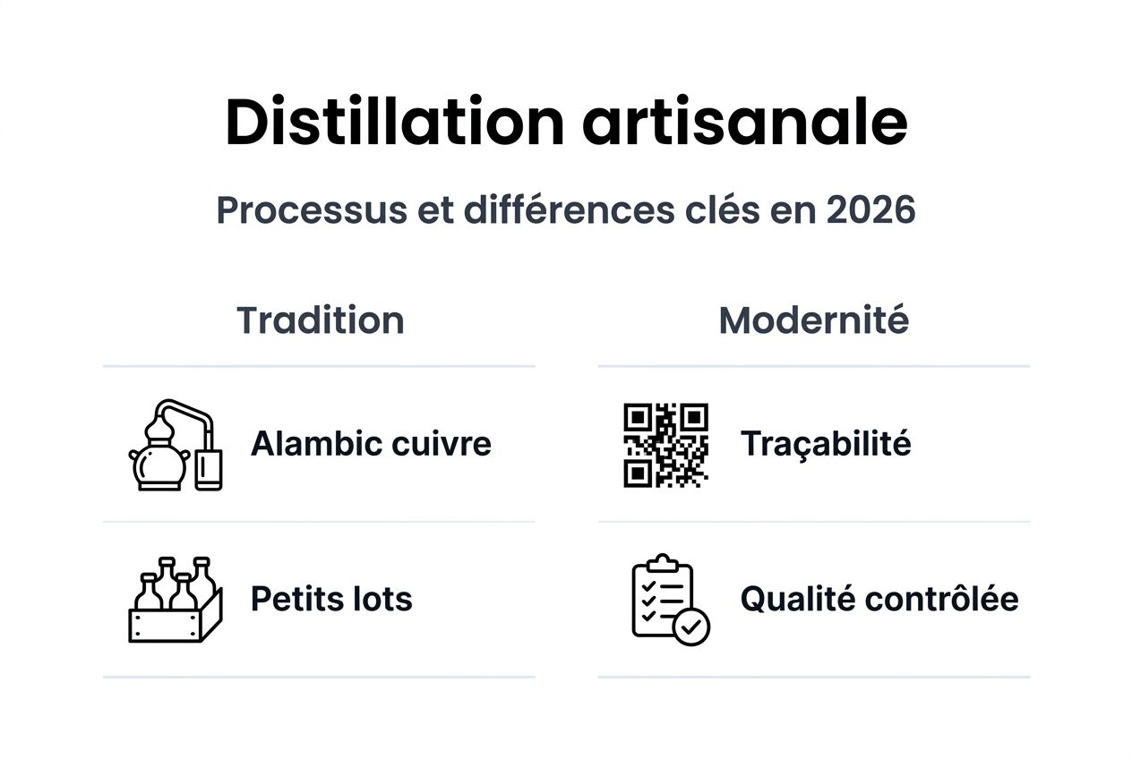 Une infographie qui met en lumière l’alliance entre le savoir-faire ancestral et les techniques modernes dans l’art de la distillation artisanale.