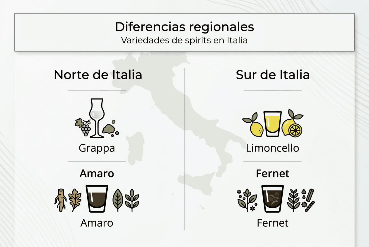 Descubre en esta infografía cómo varían los destilados italianos según la región: una mirada a la riqueza y diversidad de sus spirits a lo largo del país.