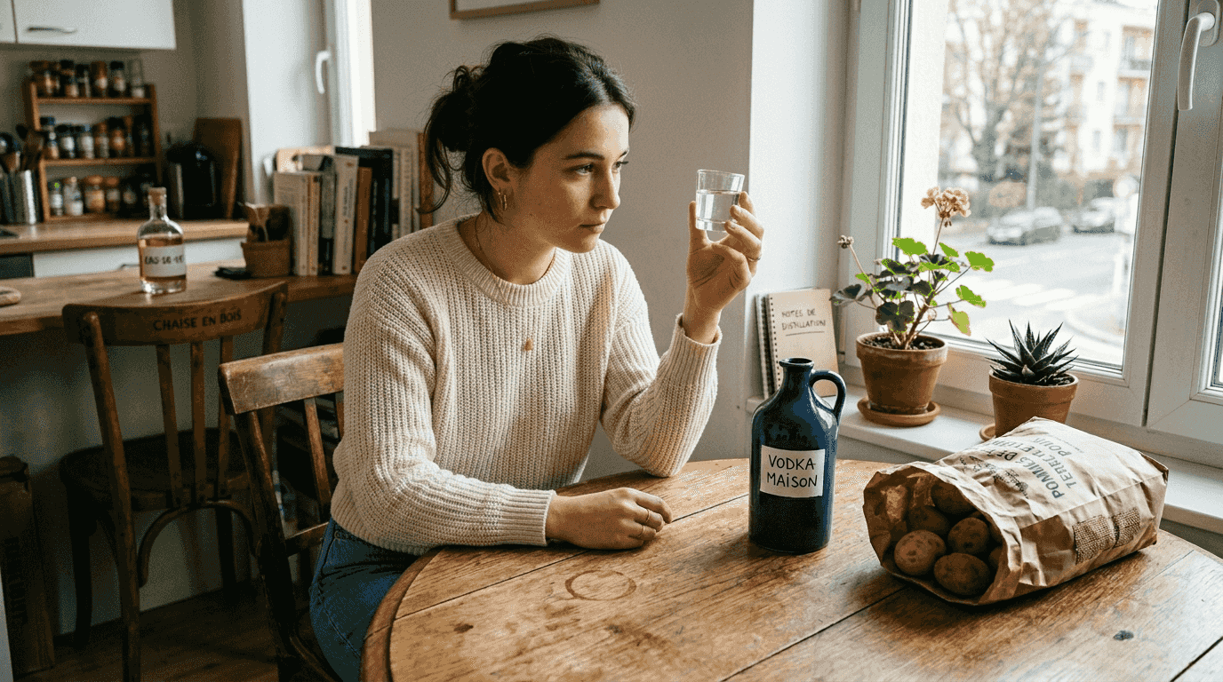 Une femme découvre une vodka artisanale à base de pommes de terre, installée confortablement dans son appartement.