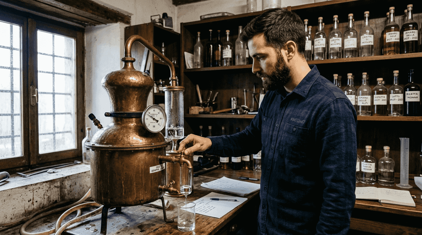 Il mastro distillatore tiene sotto controllo la temperatura durante il processo nella piccola distilleria.