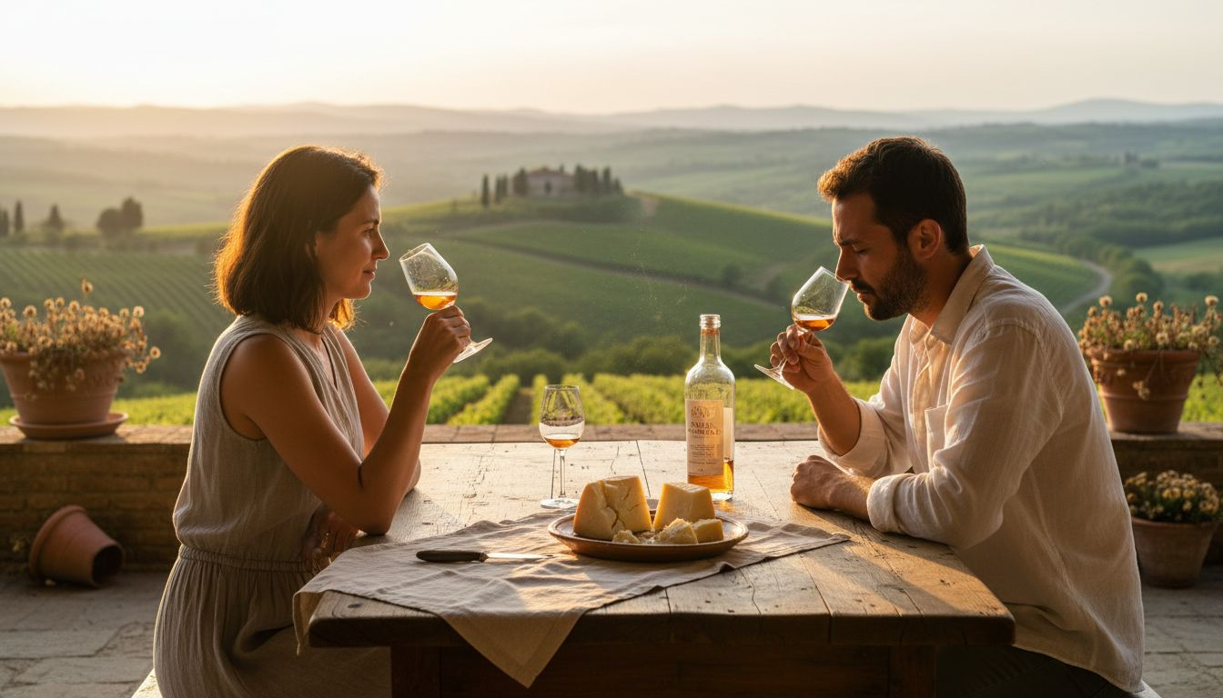 Pareja disfrutando de una cata de destilados en un patio con encanto rústico