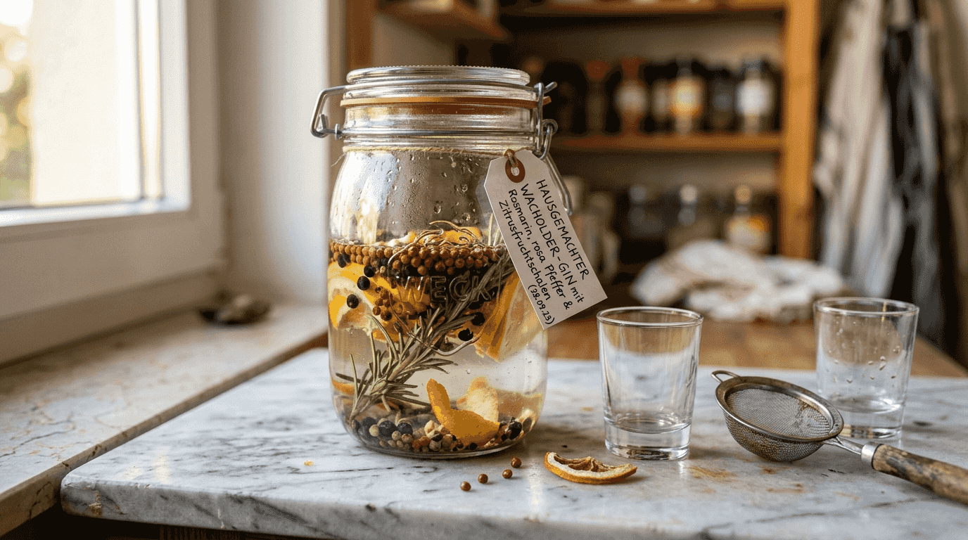 Nahaufnahme: Botanicals ziehen in einem Gin-Glas und entfalten ihr Aroma.