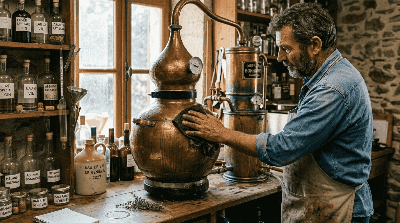 Un artisan examine attentivement un alambic en cuivre destiné à la fabrication du gin.