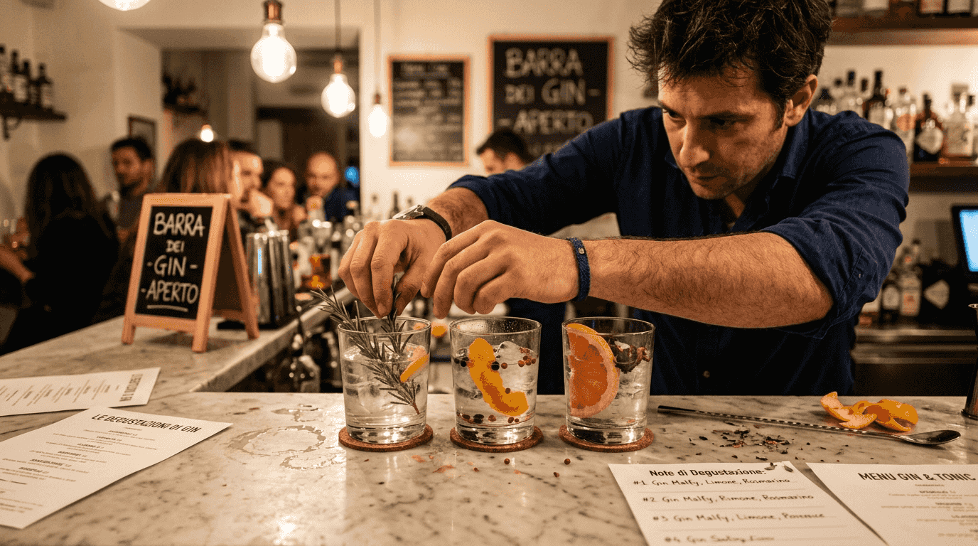 Calici da degustazione gin accompagnati da una selezione di botaniche