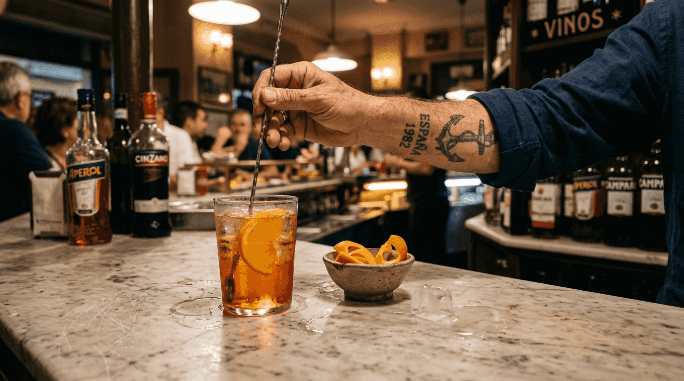 Cóctel de Aperol servido con un toque de piel de naranja sobre la mesa