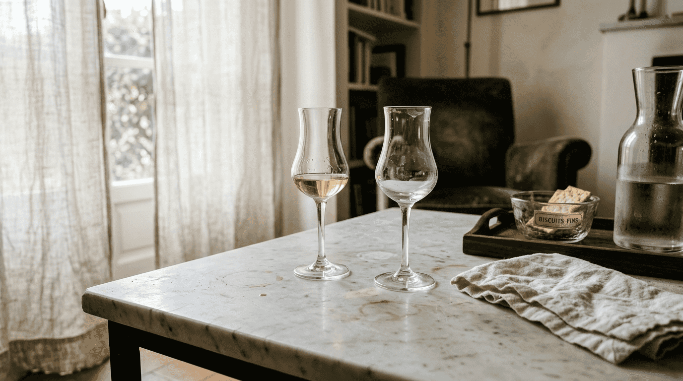 Des verres tulipe soigneusement alignés sur une table, prêts pour une dégustation de grappa.