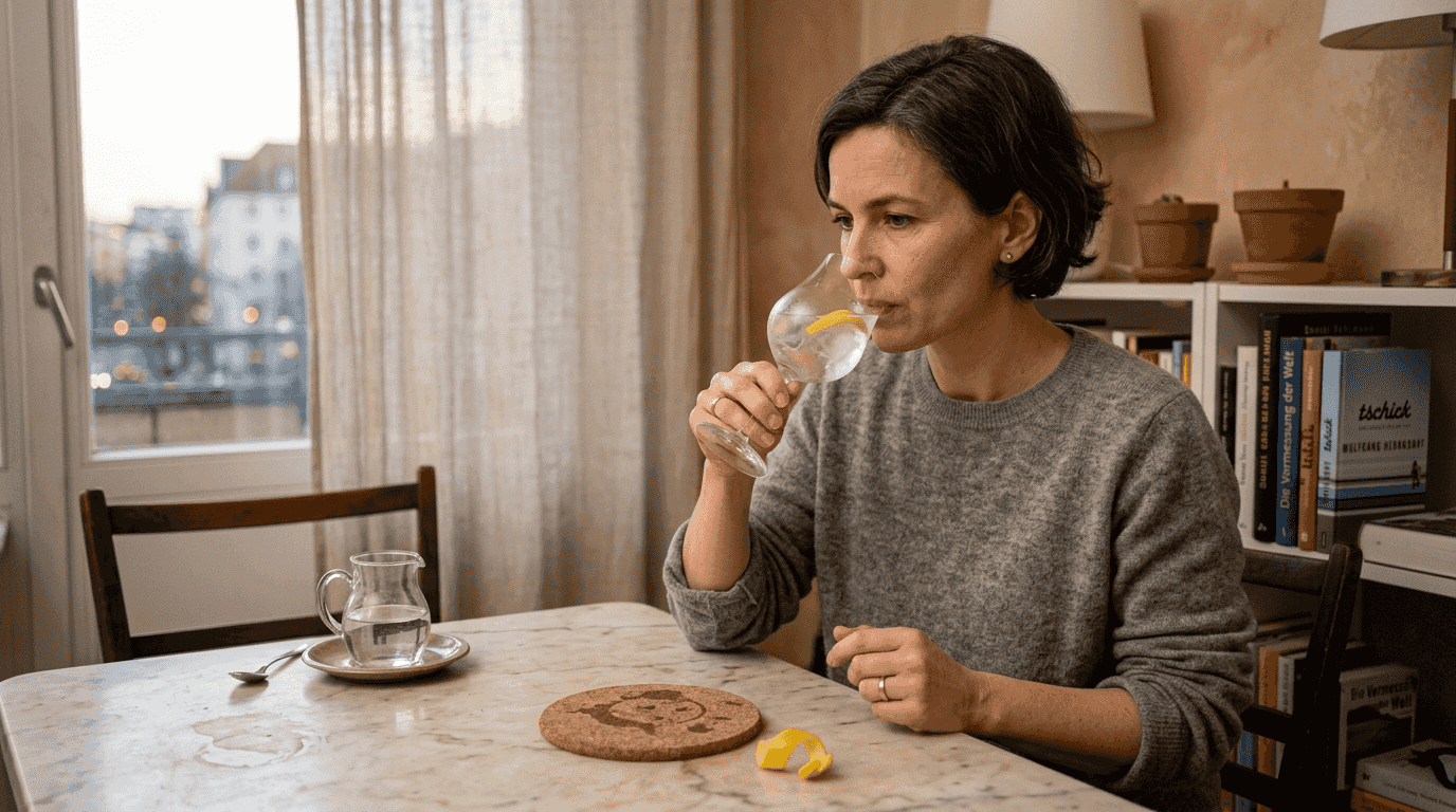 Eine Frau sitzt am Tisch und genießt einen Schluck Gin aus einem bauchigen Glas.