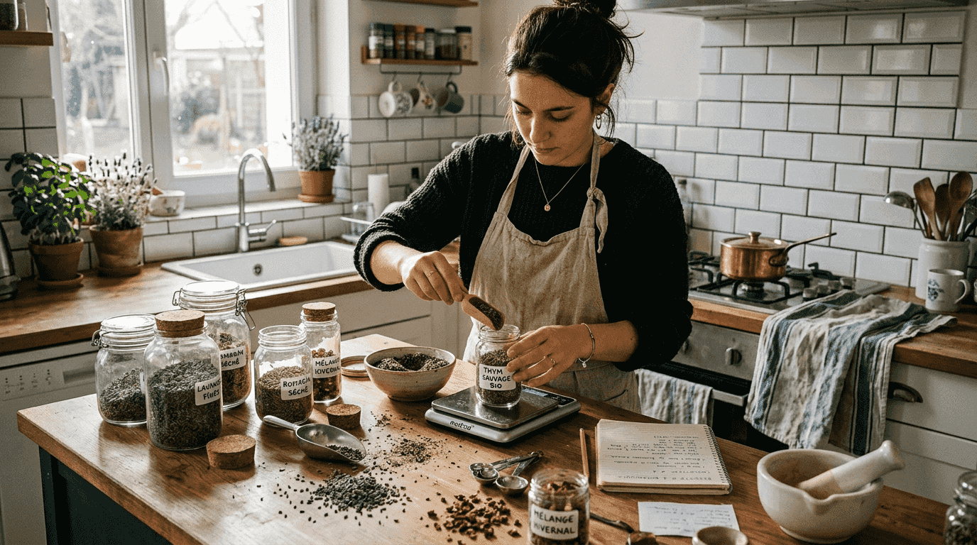 Une personne en train de doser soigneusement des plantes aromatiques pour préparer des bitters maison.