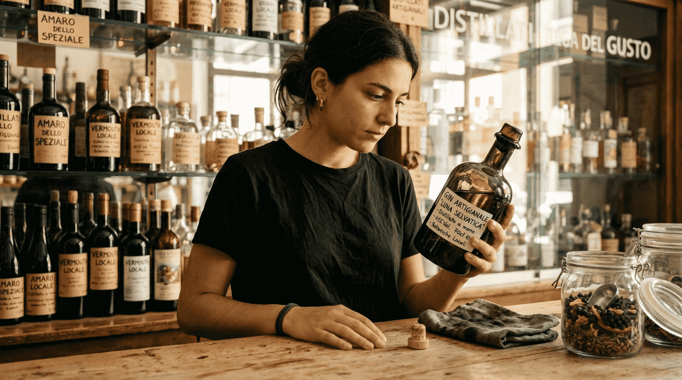 Una donna osserva con attenzione una bottiglia di gin artigianale.