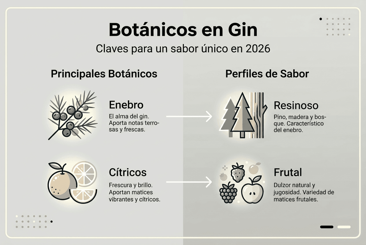 Infografía sobre los ingredientes botánicos más importantes en el gin y cómo influyen en su sabor