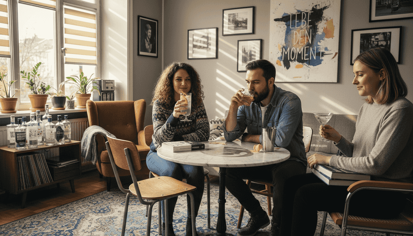 Eine Gruppe Freunde sitzt zusammen und vergleicht verschiedene klassische Gin-Cocktails miteinander.