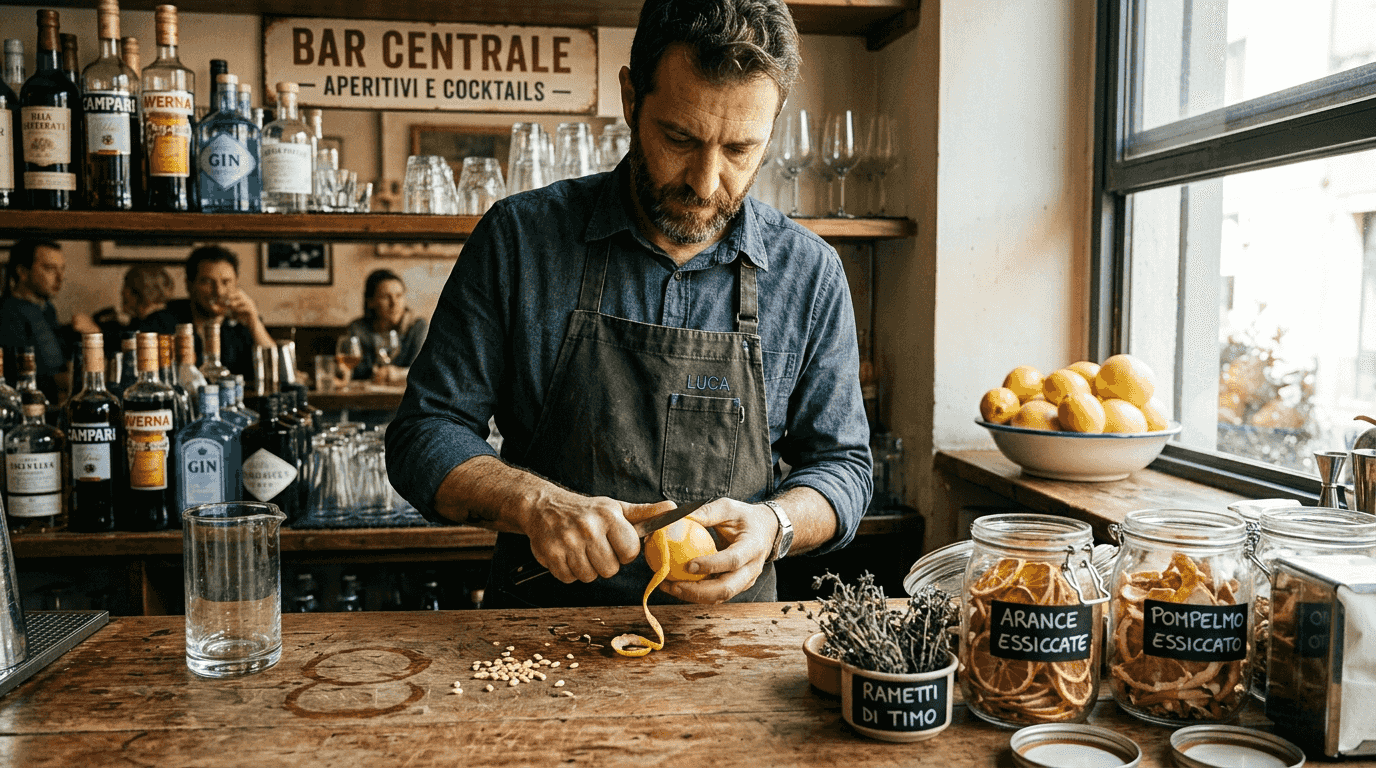 Un barman alle prese con la preparazione di agrumi e botaniche per un gin d’autore.