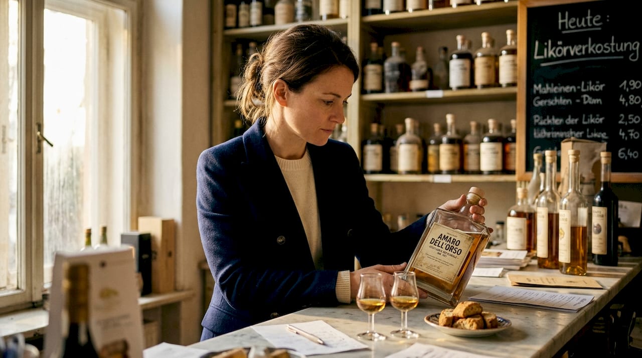 Eine Frau betrachtet aufmerksam die charakteristische Disaronno-Flasche.