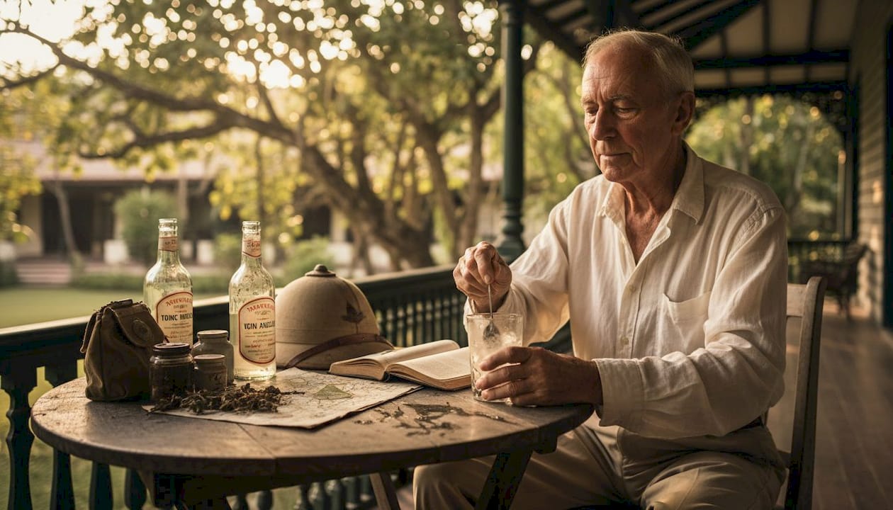 Un officier britannique sirotant un gin tonic à l’ombre d’une véranda, dans une ambiance coloniale empreinte d’exotisme.
