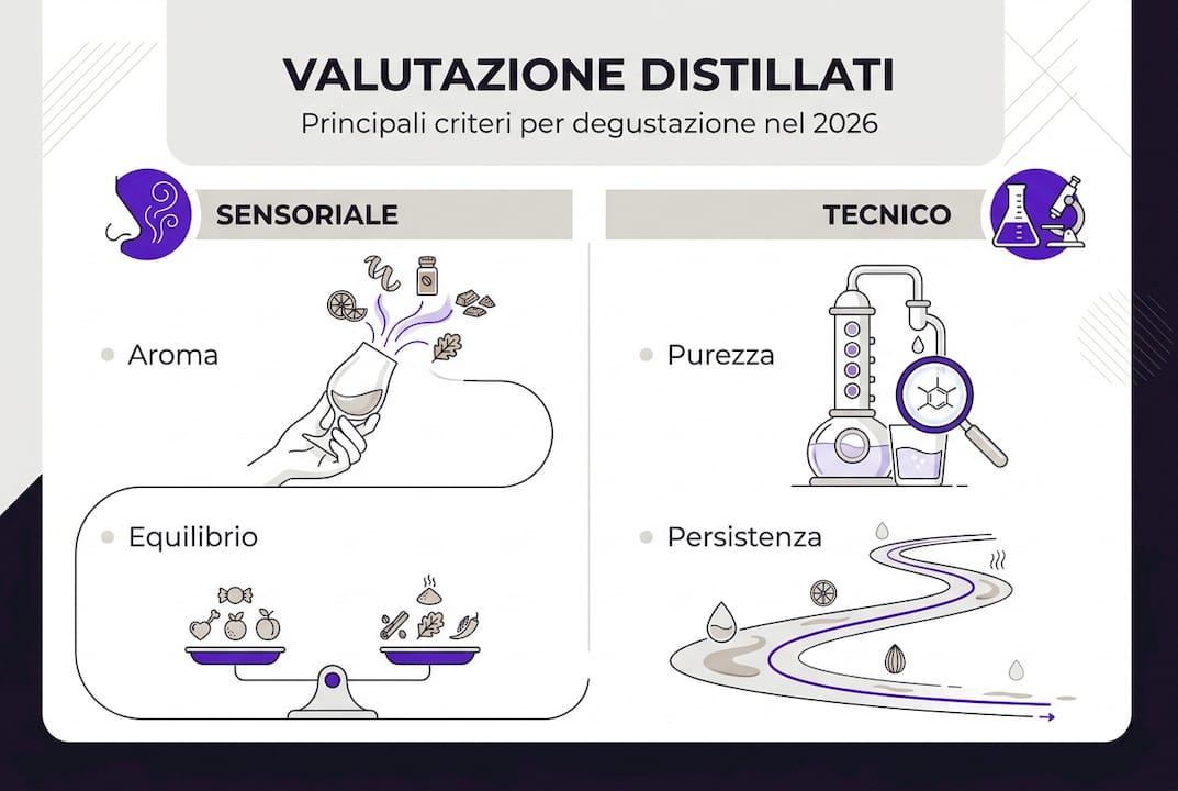 Infografica sui criteri di valutazione dei distillati: analisi sensoriale e aspetti tecnici