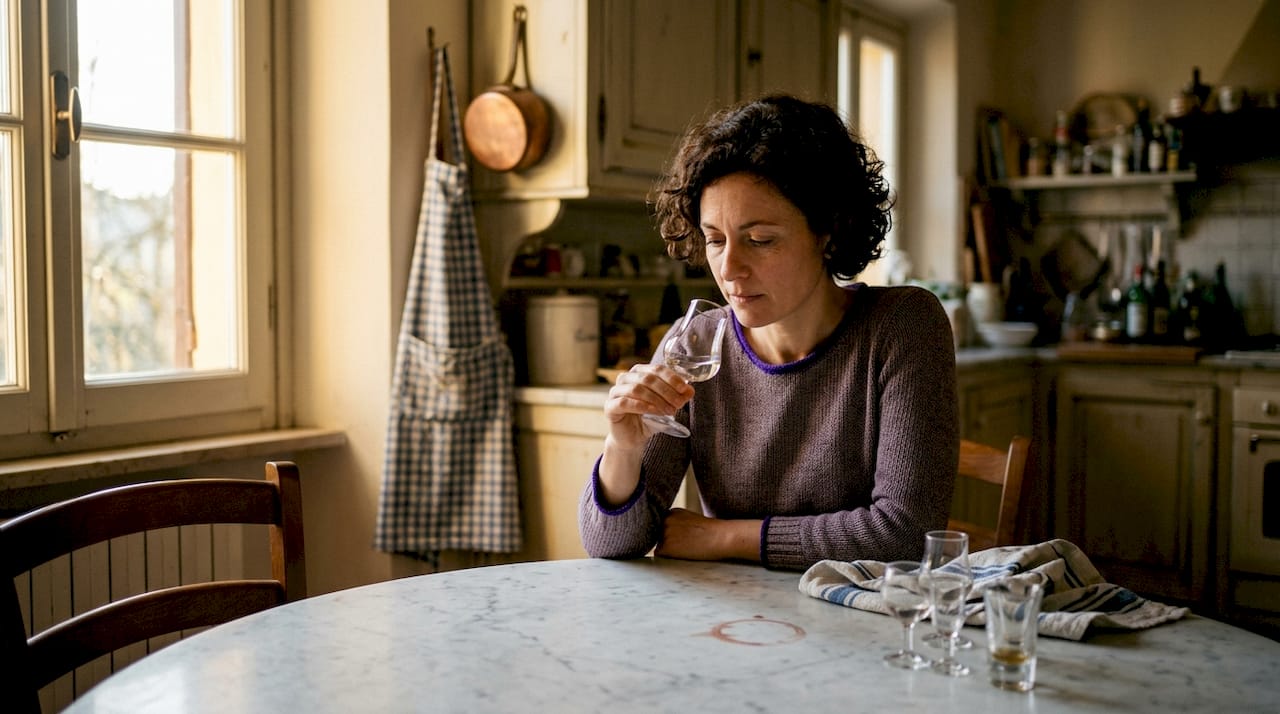 Una donna assaggia il distillato nella sua cucina, cercando il giusto equilibrio tra sapori e aromi.