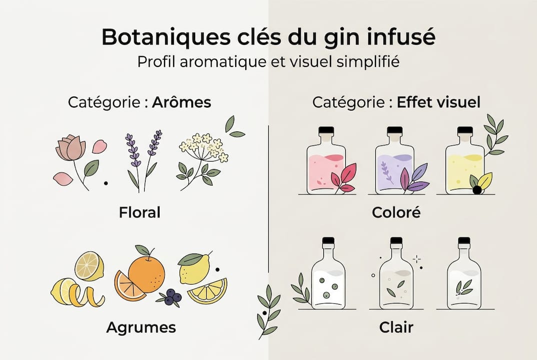Découvrez en un coup d’œil les plantes aromatiques qui composent le gin infusé, ainsi que leurs particularités.