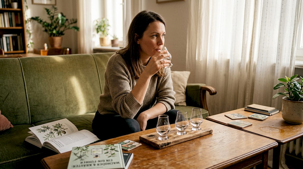 Eine Frau genießt einen Gin in ihrem gemütlichen Wohnzimmer.