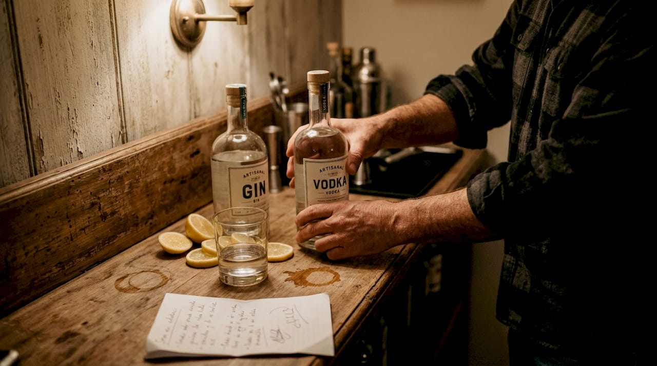 Botellas de vodka y ginebra en la barra de casa