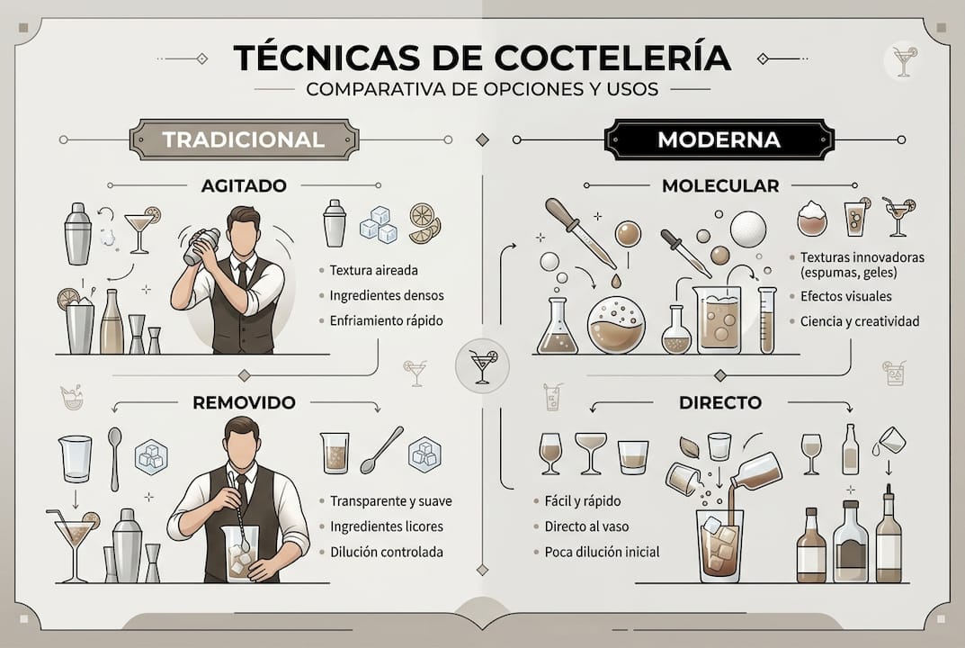 Comparativa visual de las principales técnicas de coctelería