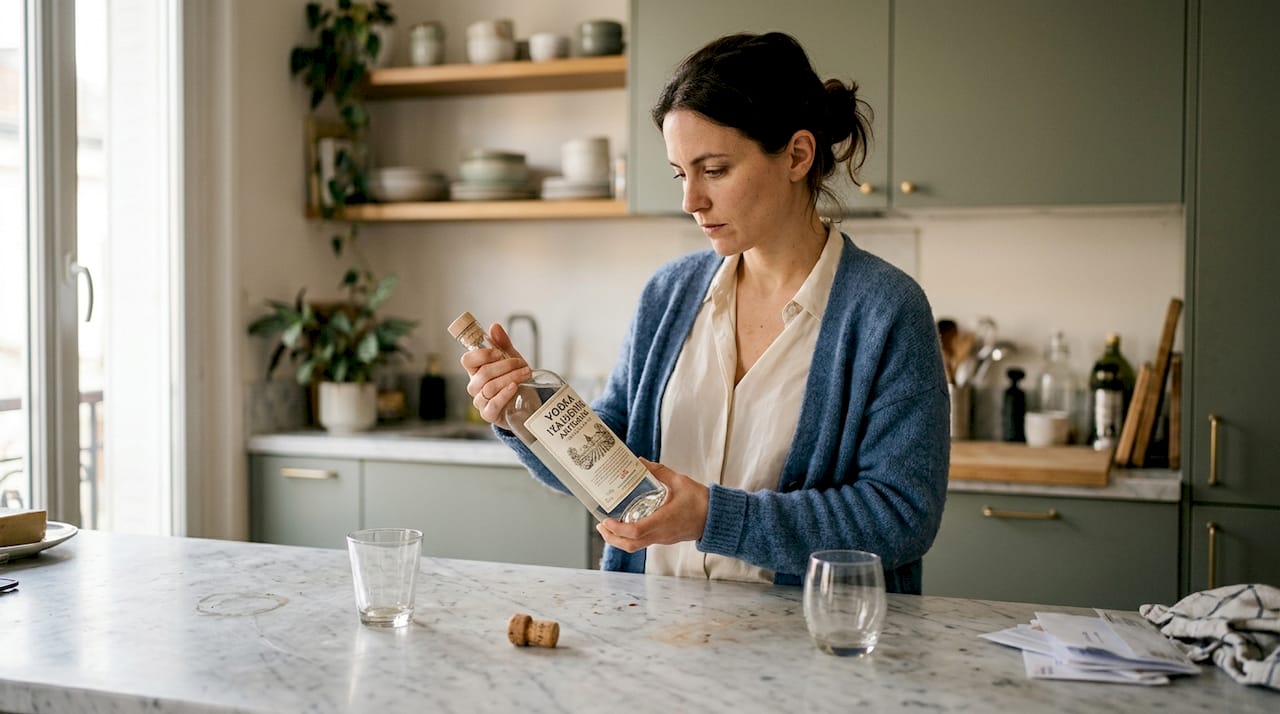 Une femme examine attentivement une bouteille de vodka italienne posée sur le marbre.