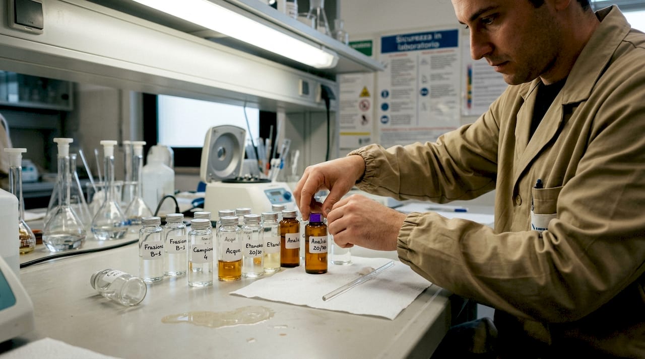Tecnico impegnato nella selezione delle frazioni ottenute dalla distillazione