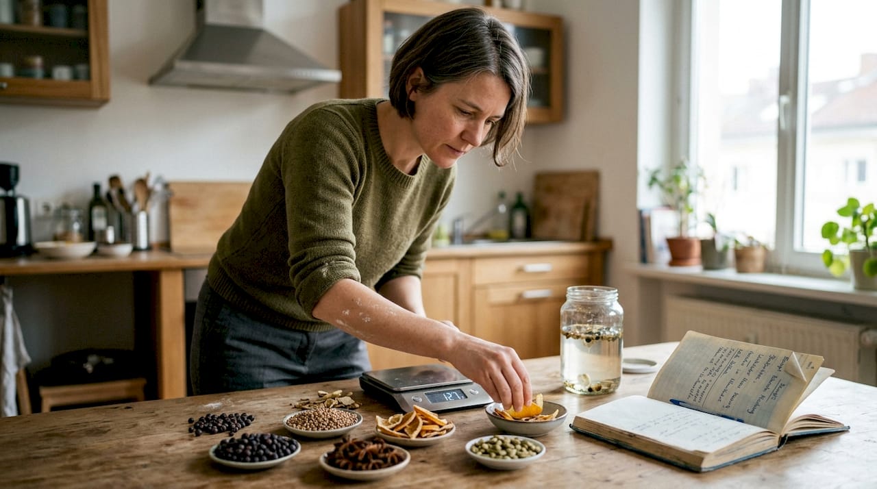 Gin-Botanicals dekorativ in der Küche anrichten