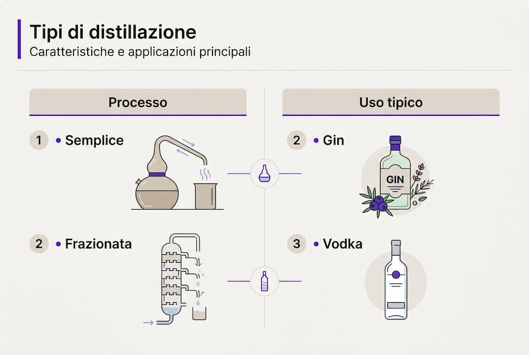 Infografica: le principali tipologie di distillazione e le loro caratteristiche