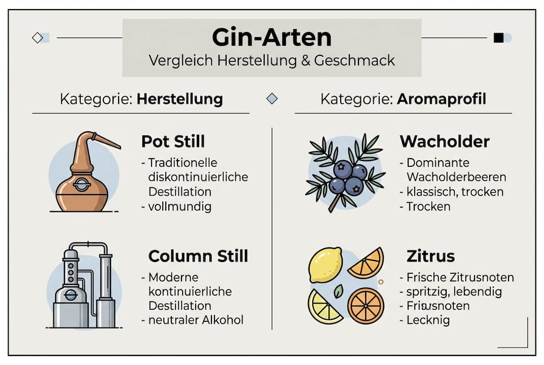 Übersichtliche Infografik zu den wichtigsten Gin-Sorten