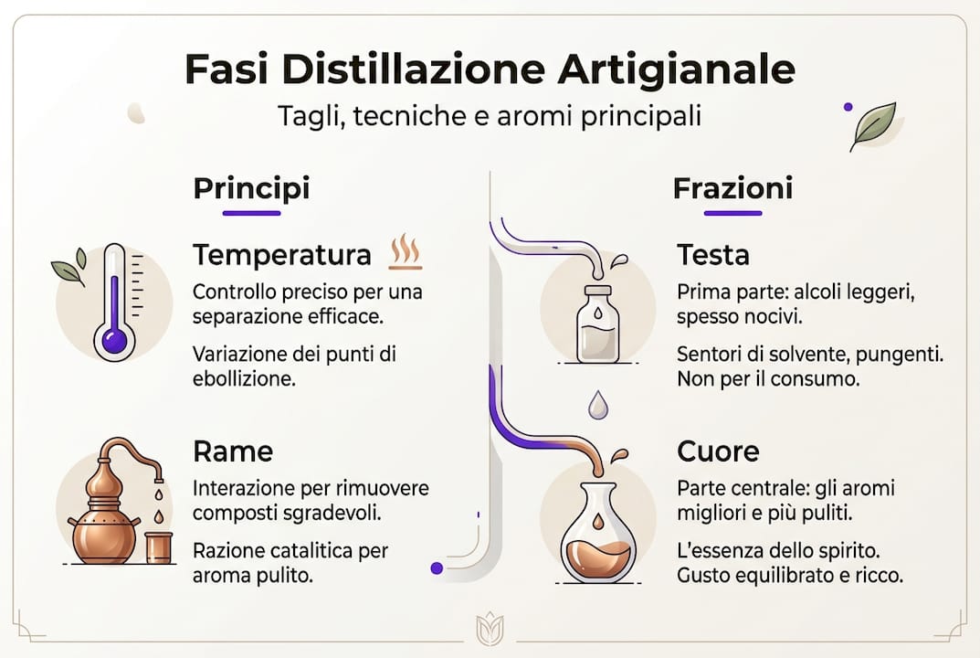 Schema illustrativo delle principali fasi della distillazione e dei relativi tagli