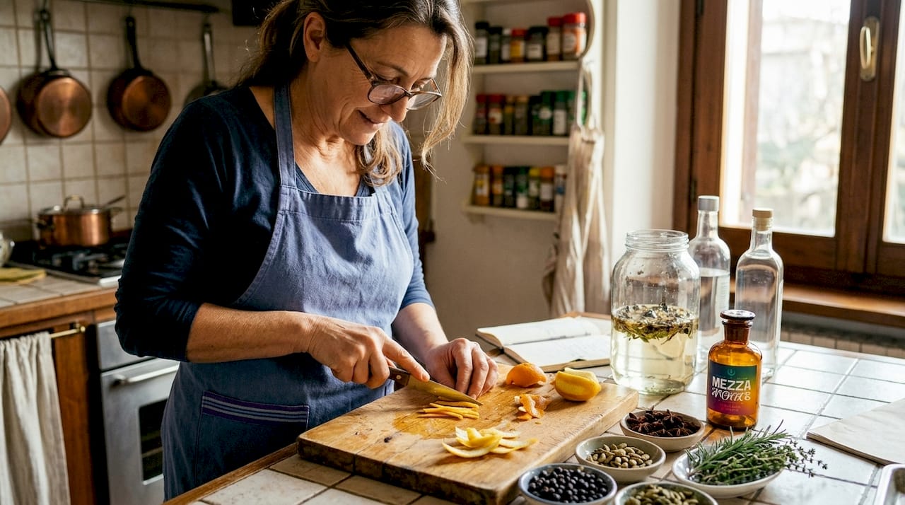 Una donna sta tagliando delle erbe aromatiche fresche per preparare un liquore fatto in casa.
