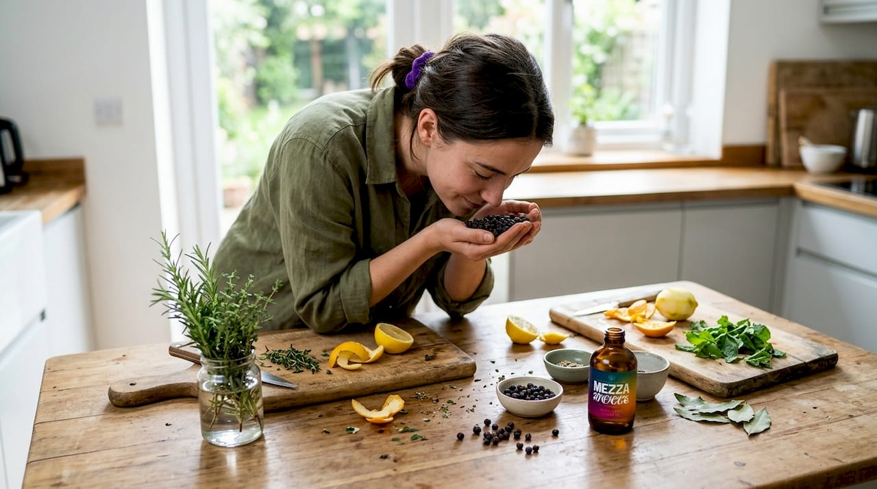 Una donna si dedica alla selezione di erbe e spezie per creare il suo gin artigianale fatto in casa.