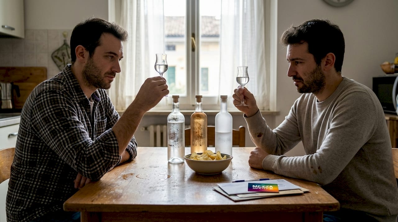 Due amici seduti in cucina che assaggiano della vodka e chiacchierano tra una risata e l'altra.
