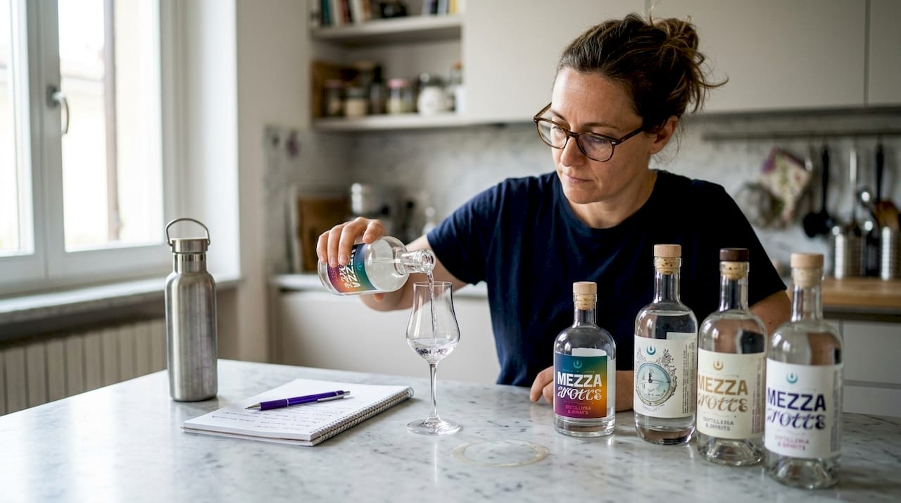 Donna che organizza una degustazione di liquori artigianali a casa