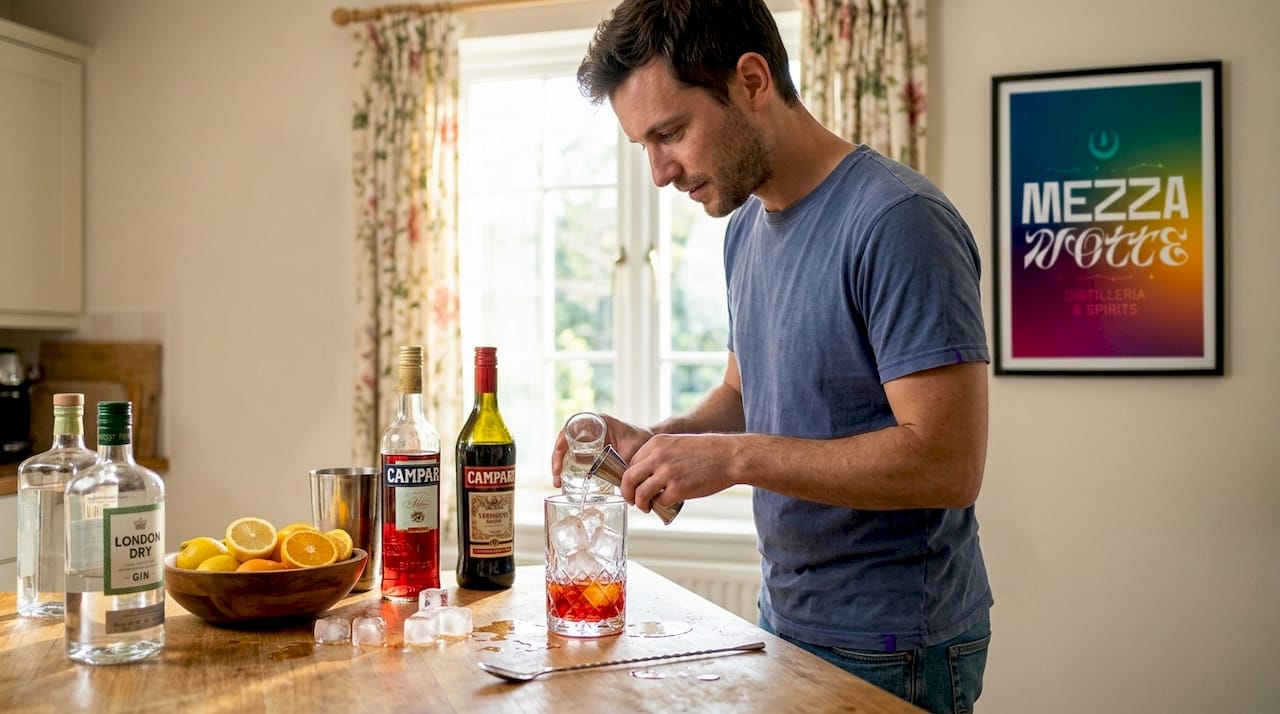 Un uomo prepara un Negroni nella cucina di casa, dosando con cura gli ingredienti e gustandosi il rituale tutto italiano dell’aperitivo.