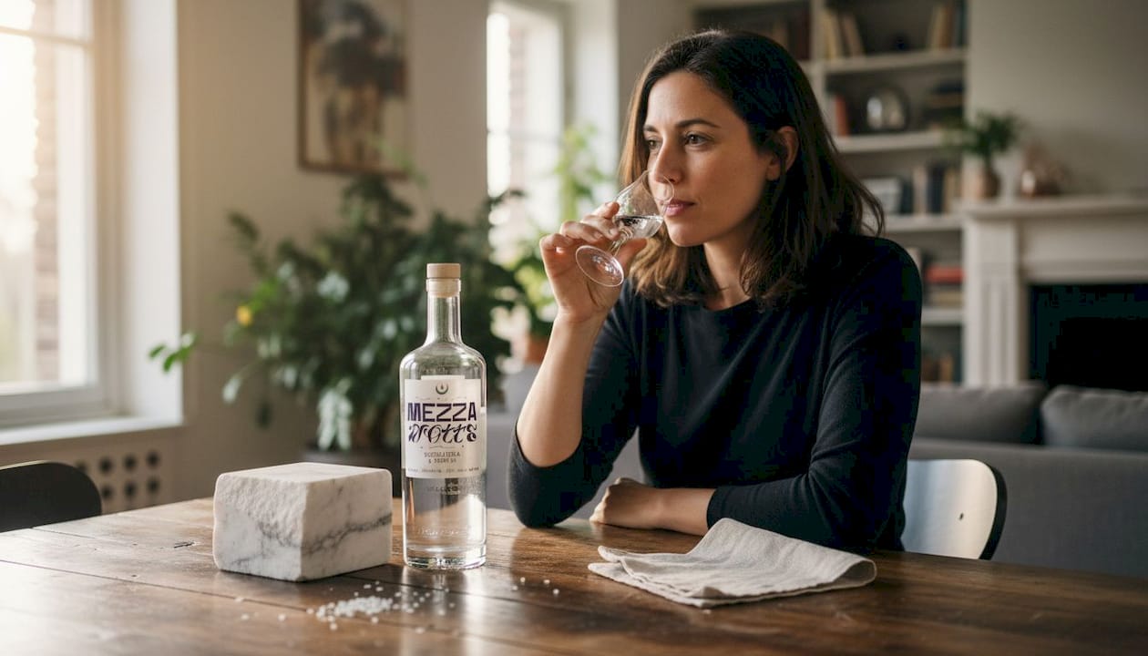 Una donna gusta della vodka artigianale seduta al tavolo.
