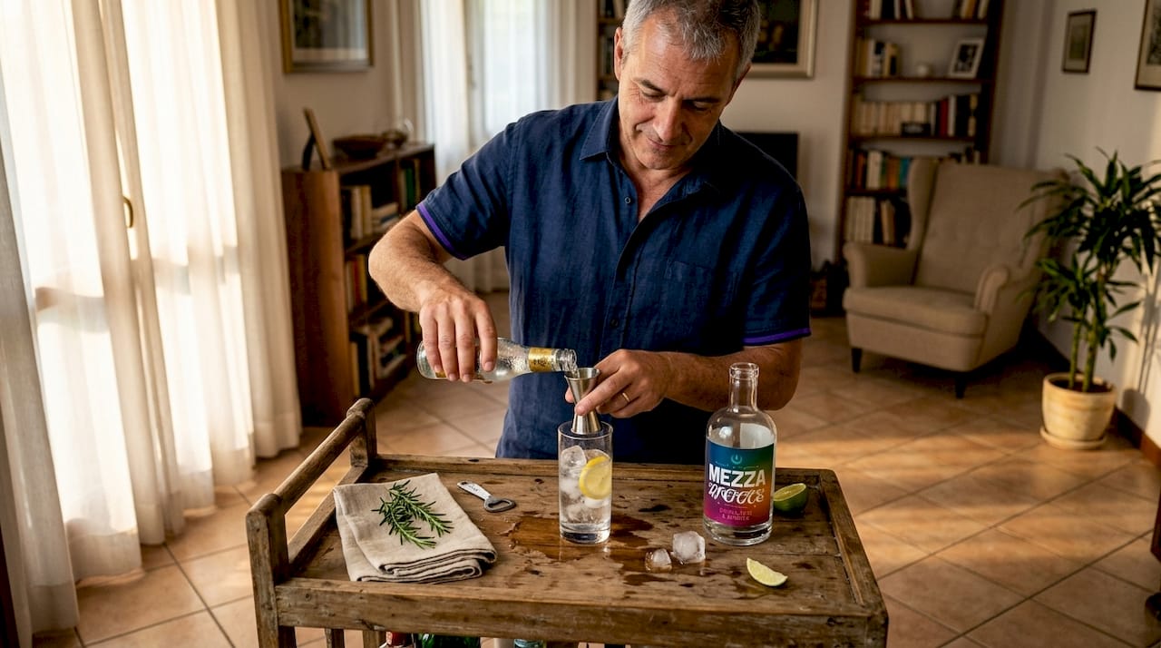 Un uomo prepara un gin tonic in casa, dosando con cura la quantità di tonica.