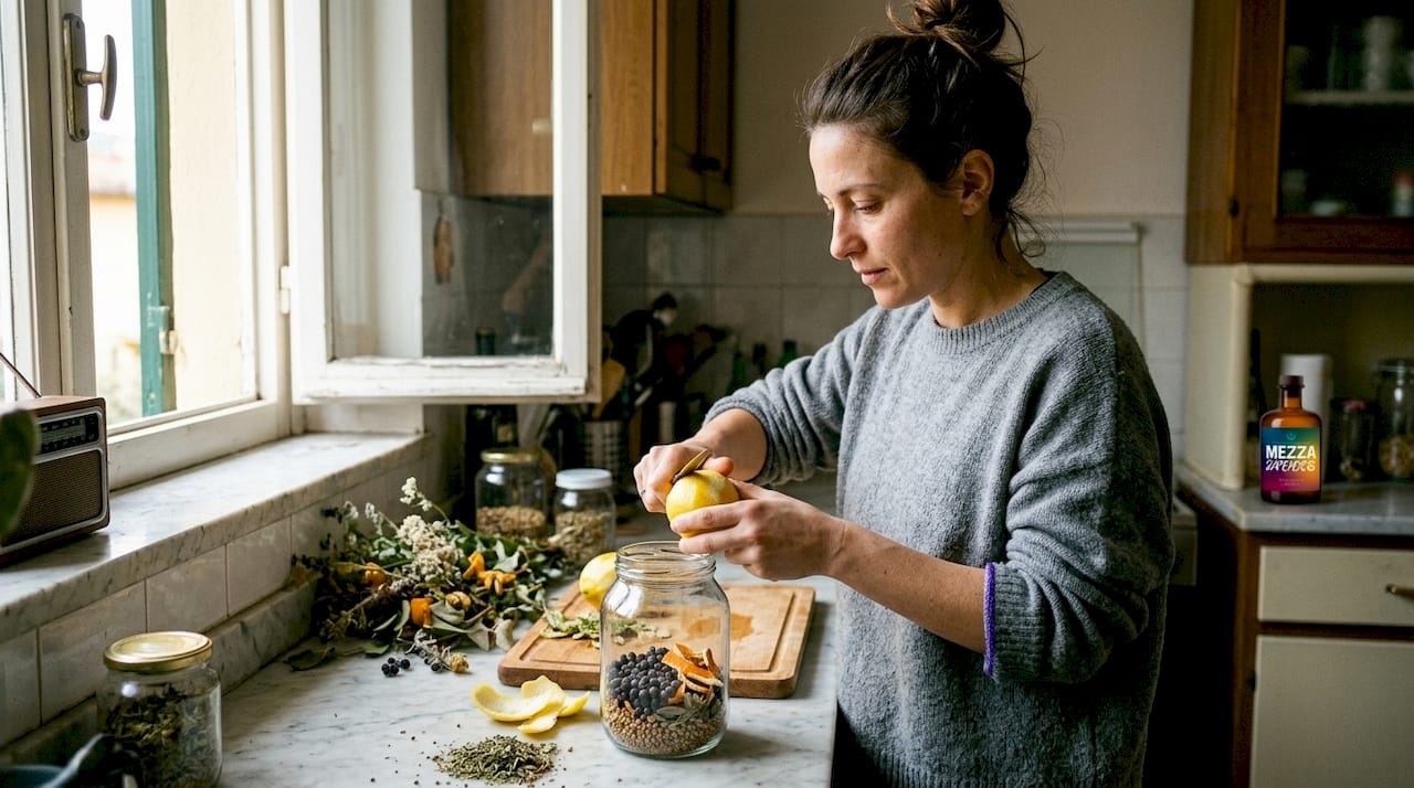 Una donna si dedica alla preparazione di botaniche per il gin nella cucina di casa, sperimentando aromi e ingredienti naturali.