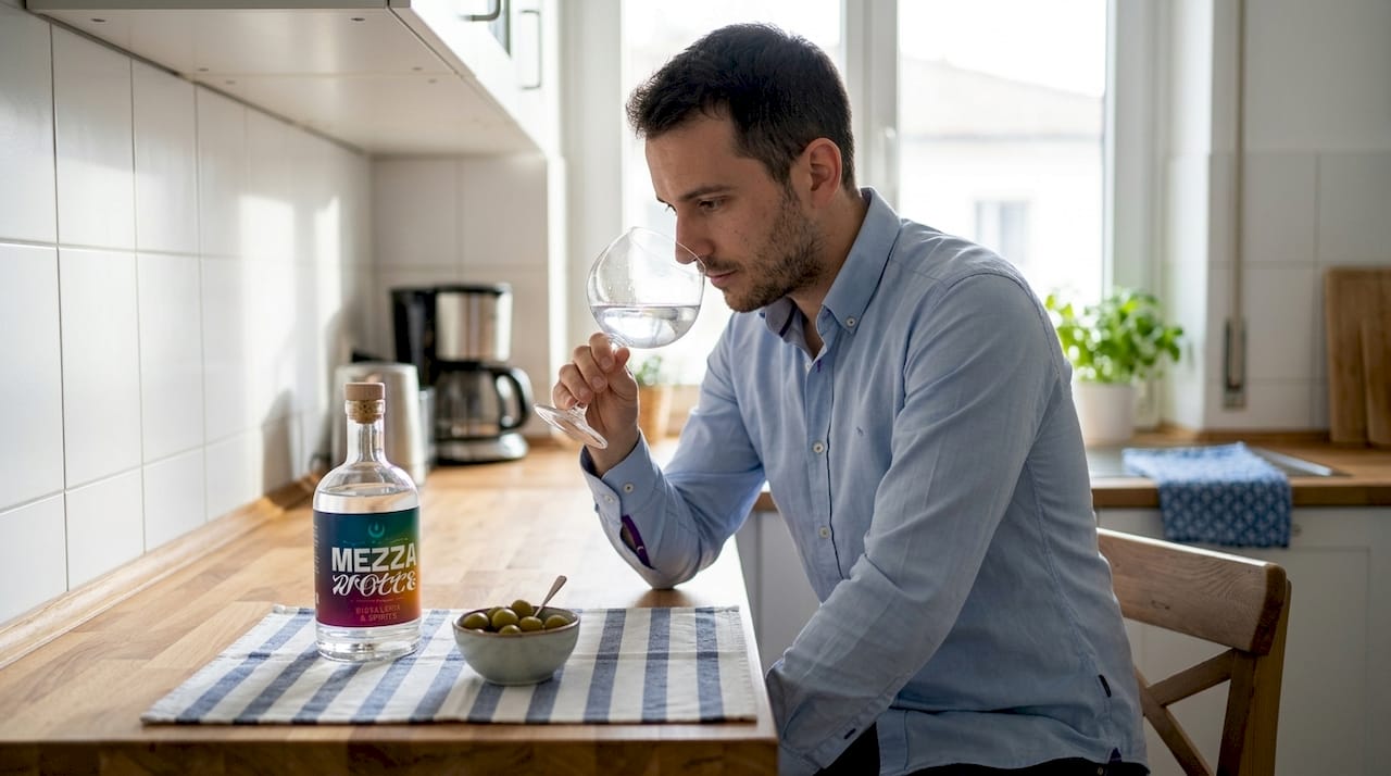 Seduto in cucina, un uomo si gode l’aroma intenso di un bicchiere di gin puro.