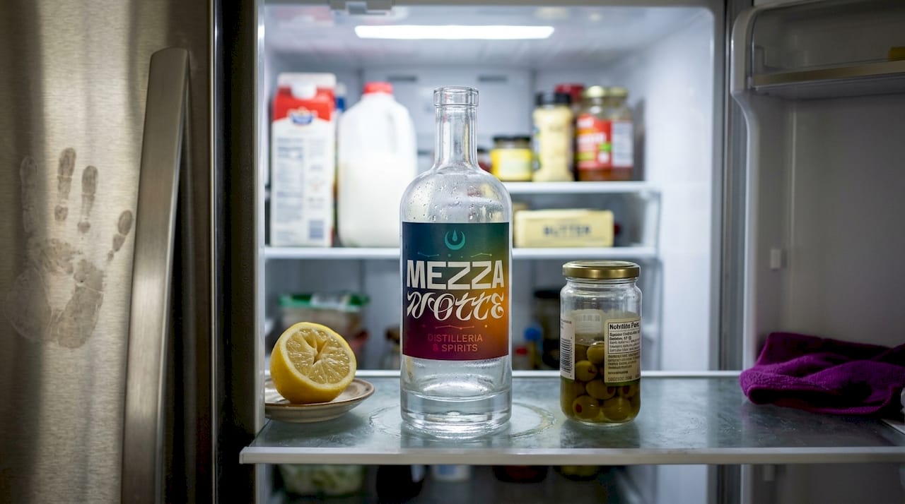 In frigo c'è una bottiglia di gin quasi finita.