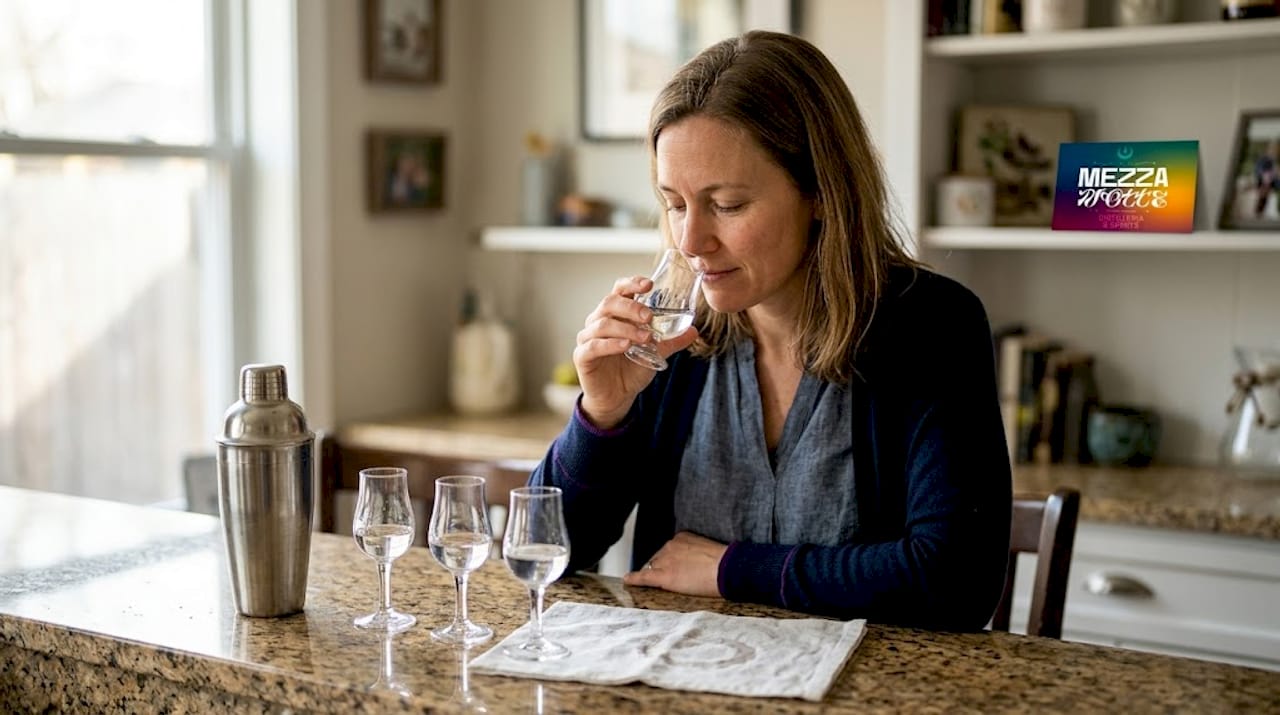 Una donna in cucina si avvicina a un bicchiere di vodka e ne annusa l’aroma, curiosa e attenta.