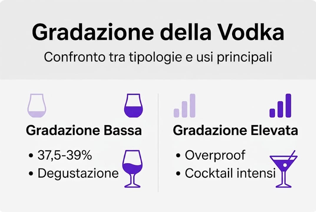 Guida visiva alle diverse varietà di vodka e alle loro gradazioni alcoliche