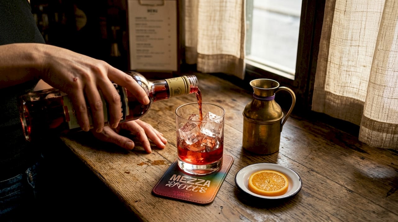 Una donna prepara un drink versando del bitter su cubetti di ghiaccio in un bicchiere.