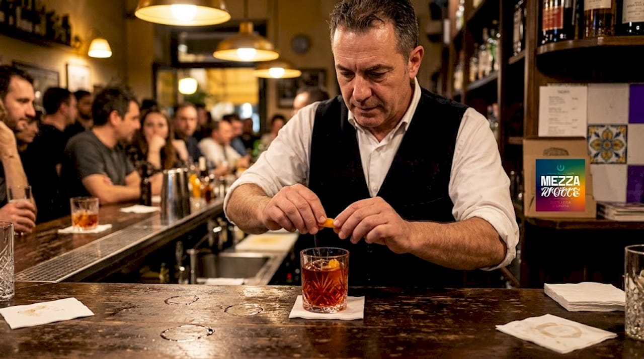 Il bartender completa il Negroni con una scorza d’arancia, esaltando il profumo del cocktail.