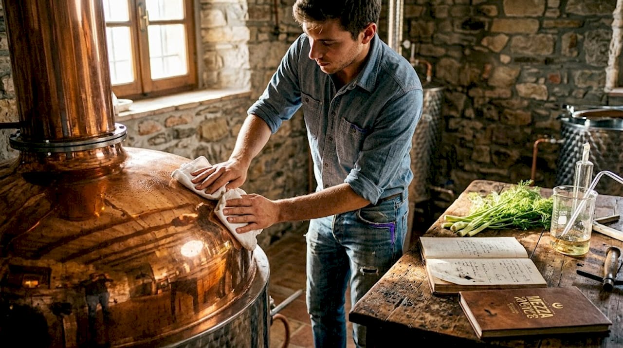 Maestro distillatore all’opera davanti all’alambicco di rame per la produzione del gin