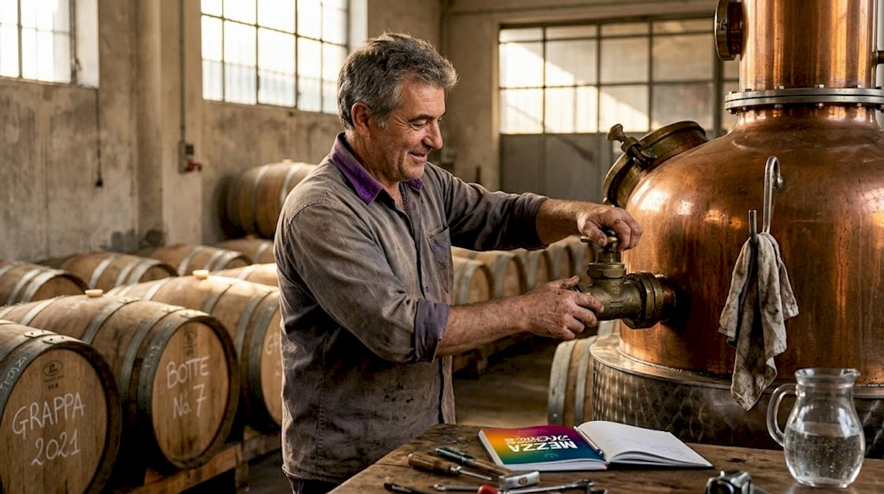 Maestro distillatore all’opera in una storica distilleria italiana