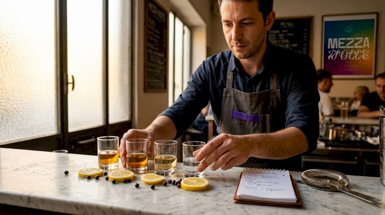 Un barman sta preparando una selezione di gin da degustare.